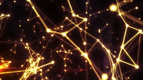 Abstract glowing yellow network of connected nodes and lines on a dark backgr Stock Photos