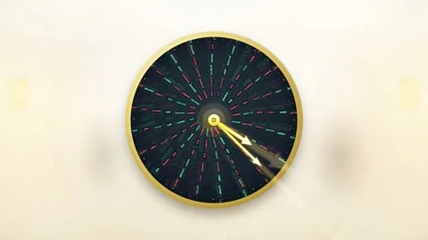 Abstract gold clock with rotating hands and colorful light streaks on a white Stockbeeldmateriaal 343428239