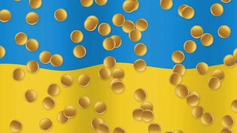 Abstract Gold Coins Falling Over Waving Blue and Yellow Background Stock Footage 342117757