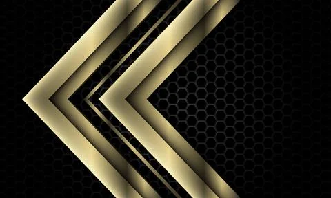 Abstract gold grey arrow direction geometric overlap on dark metallic hexagon Stock Illustration