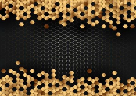 Abstract gold hexagons pattern on black hexagonal texture background. 스톡 일러스트