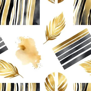 Abstract gold lines seamless pattern, brush strokes and golden leaves. Stock Illustration