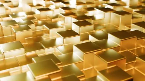 Abstract gold metallic background from cubes. Wall of a metal cube. 3d illust Stock Illustration