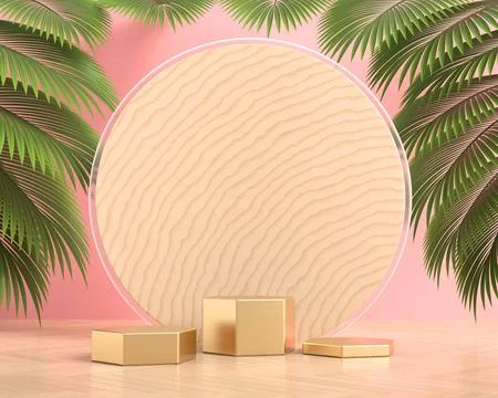 Abstract gold platform podium showcase for product display with palm leaves.. Stock Photos
