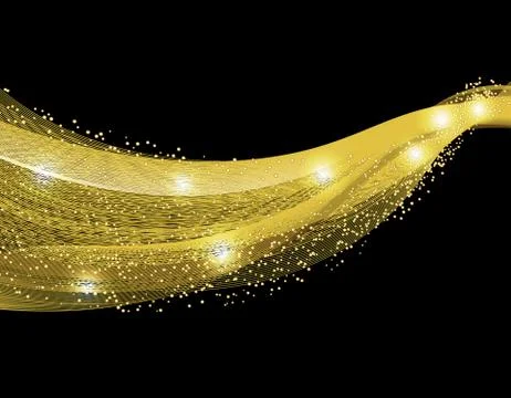 Abstract gold wave design element with glitter effect on dark background. i.. Stock Illustration