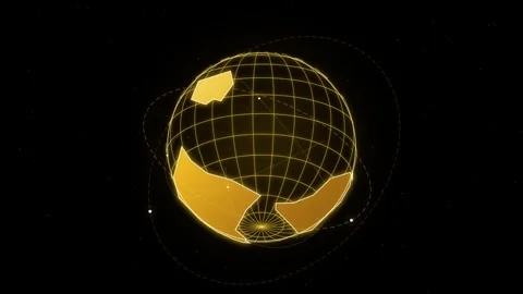 Abstract gold wireframe globe rotating with floating polygon fragments in d.. Видео 345041191