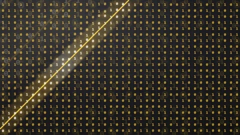 Abstract Golden Binary Code Data Stream with Diagonal Light Flare on Dark Stock Footage 341834396