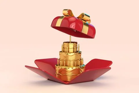 Abstract Golden Cake in Opened Red Gift Box with Golden Ribbon. 3d Rendering Illustrazione stock