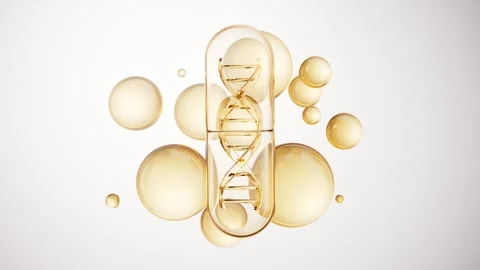 Abstract golden capsule with dna helix and glowing oil bubbles rotating in .. Stock Footage 332151353
