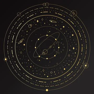 Abstract golden celestial background with orbits and stars Illustrazione stock