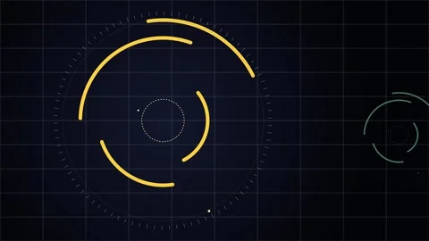 Abstract golden circular graphic elements animate on a dark blue grid backg.. Stock Footage 340911870