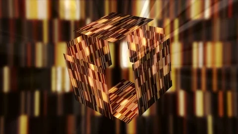 Abstract golden cube falling apart on glowing sun rays background. Motion 스톡 동영상 167516156