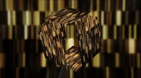 Abstract golden cube falling apart on glowing sun rays background. Motion Stockillustratie