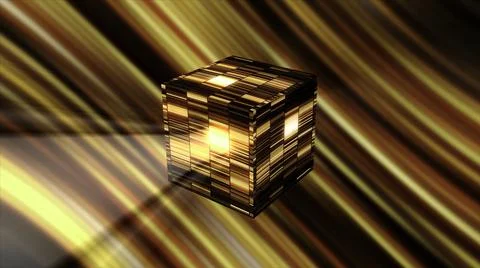 Abstract golden cube falling apart on glowing sun rays background. Motion Stockillustratie