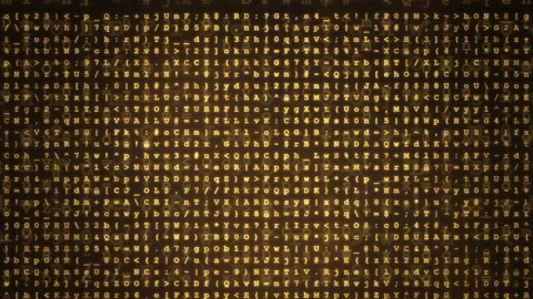 Abstract Golden Digital Code Rain with Glitch Effects on Dark Textured Video stock 343170323