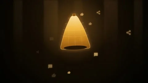 Abstract Golden Digital Cone Rotating in Dark Space with Floating Social Media Stock Footage 344773715