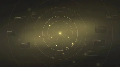 Abstract Golden Digital HUD Interface with Rotating Circular Data Elements on Stock Footage 339316768