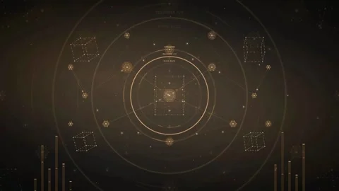 Abstract Golden Digital HUD Interface with Rotating Geometric Shapes and Data Stock Footage 339316962