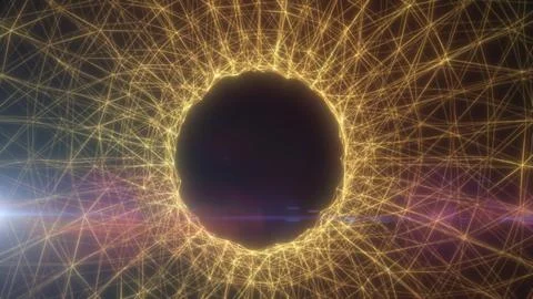 Abstract golden digital network forming a luminous circular portal, suitabl.. Stockillustratie