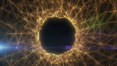 Abstract golden digital network forming a luminous circular portal, suitabl.. Ilustração Stock