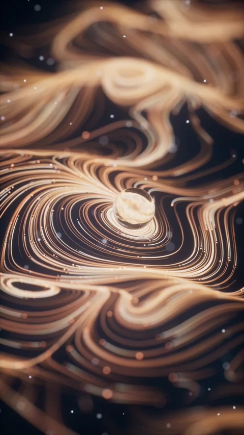 Abstract golden fluid lines orbit clear sphere in dark space motion Vidéo 327342734