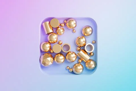 Abstract golden geometric objects on gradient background, minimal 3d render Stock Illustration