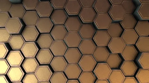 Abstract Golden Hexagons Background Random Motion, 3d  Animation, Metal Material Stock Footage 124643368