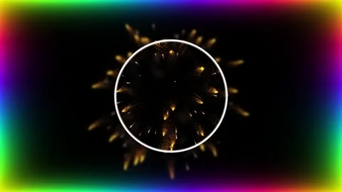 Abstract golden light particles exploding inside a glowing white circle frame. Stock Footage 344623983