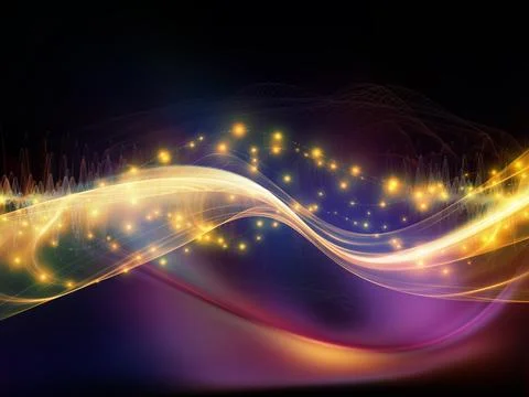 Abstract Golden Light Waves with Glowing Particles on Dark Background Stock Illustration
