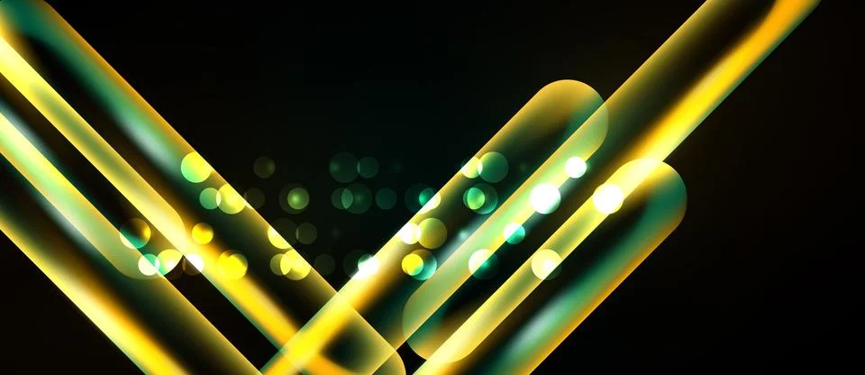 Abstract golden lines intersect, creating dynamic light effects. Bubbles add Иллюстрация