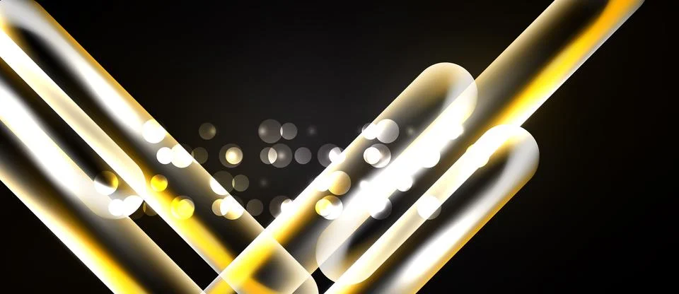 Abstract golden lines intersect over black background. Bright bokeh adds visu Ilustração Stock