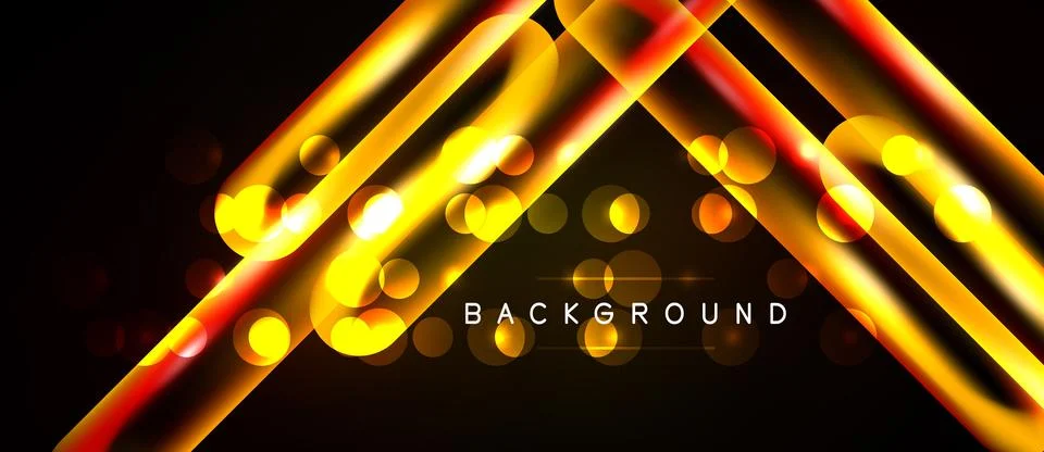 Abstract golden lines intersect over black background. Bright circles add Stock Illustration