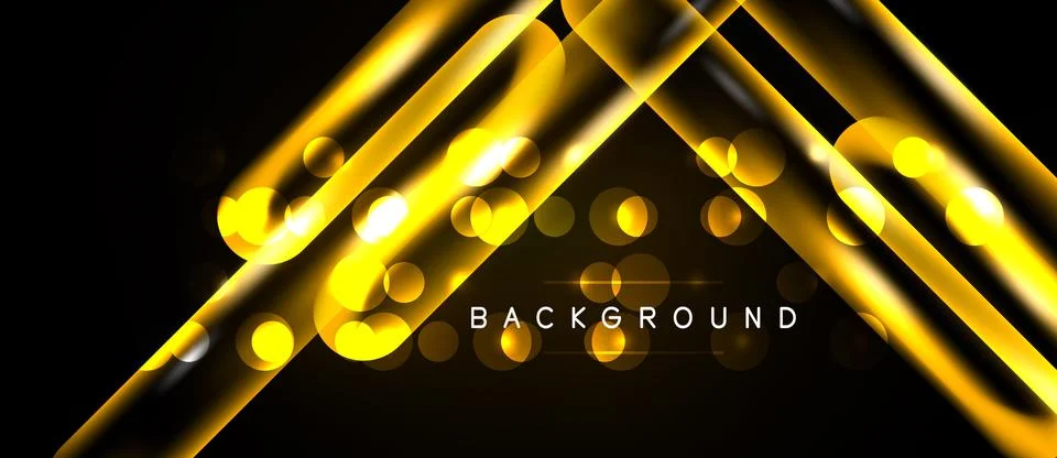 Abstract golden lines intersect over black background. Bright bokeh effects a Stock Illustration