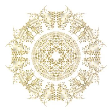 Abstract golden microchip pattern isolated on white background, mandala template Stock Illustration