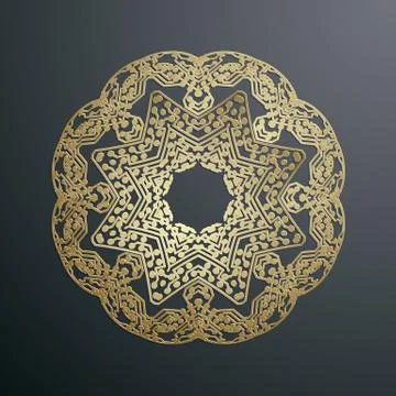 Abstract golden microchip pattern isolated on dark background, mandala template Illustrazione stock