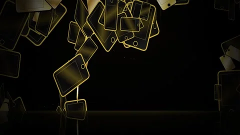 Abstract golden mobile devices floating on black background. Stock Footage 344038589