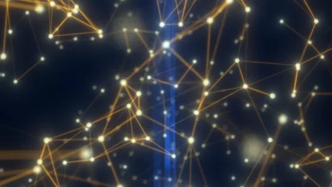 Abstract golden network of glowing nodes and connected lines on a dark blue.. Vídeo Stock 334324982