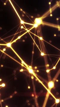 Abstract golden network of glowing nodes and connecting lines on a dark bac.. Illustrazione stock