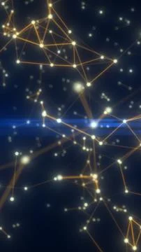 Abstract golden network of glowing nodes and connected lines on a dark blue.. Stock Illustration