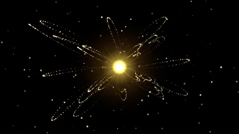 Abstract golden orbit light glowing with particle trail on dark black backg.. Stockbeeldmateriaal 344823567