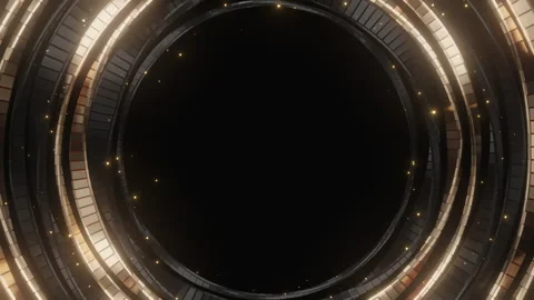 Abstract golden particle dots move around a futuristic dark ring structure Stock Footage 311458317