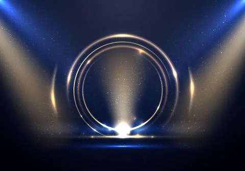 Abstract golden ring circles lighting effect backdrop with spotlight on blue Stock Illustration
