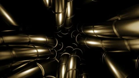 Abstract golden technological background. Design. Glowing tubes moving like Stock Illustration