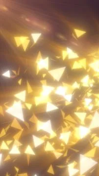 Abstract golden triangle particles glowing in warm light with lens flare, c.. Stockillustratie