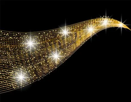 Abstract golden wave design element with shine effect on a black background.. Stock Illustration
