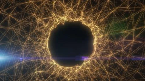 Abstract golden wireframe network forming a glowing circular portal with da.. イラスト素材