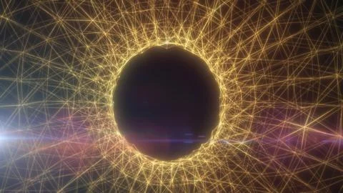 Abstract golden wireframe network forming a glowing circular portal with da.. Stock Illustration