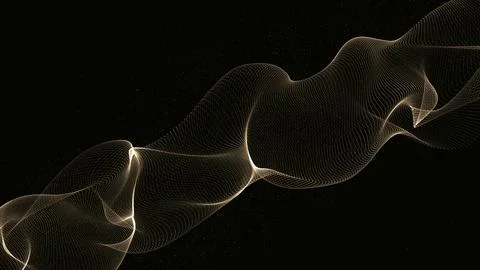 Abstract Golden Wireframe Wave with Particle Mesh on Black Background, Futu.. Stock Illustration