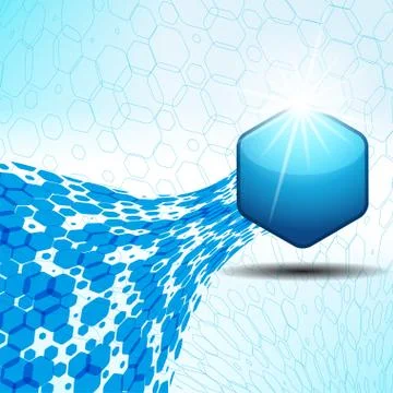 Abstract gradient blue hexagon background with hexagon shape, glow and text. Stock Illustration