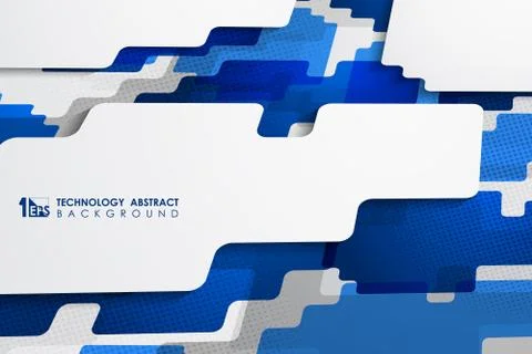 Abstract gradient blue tech shape design with black halftone decorative Illustrazione stock